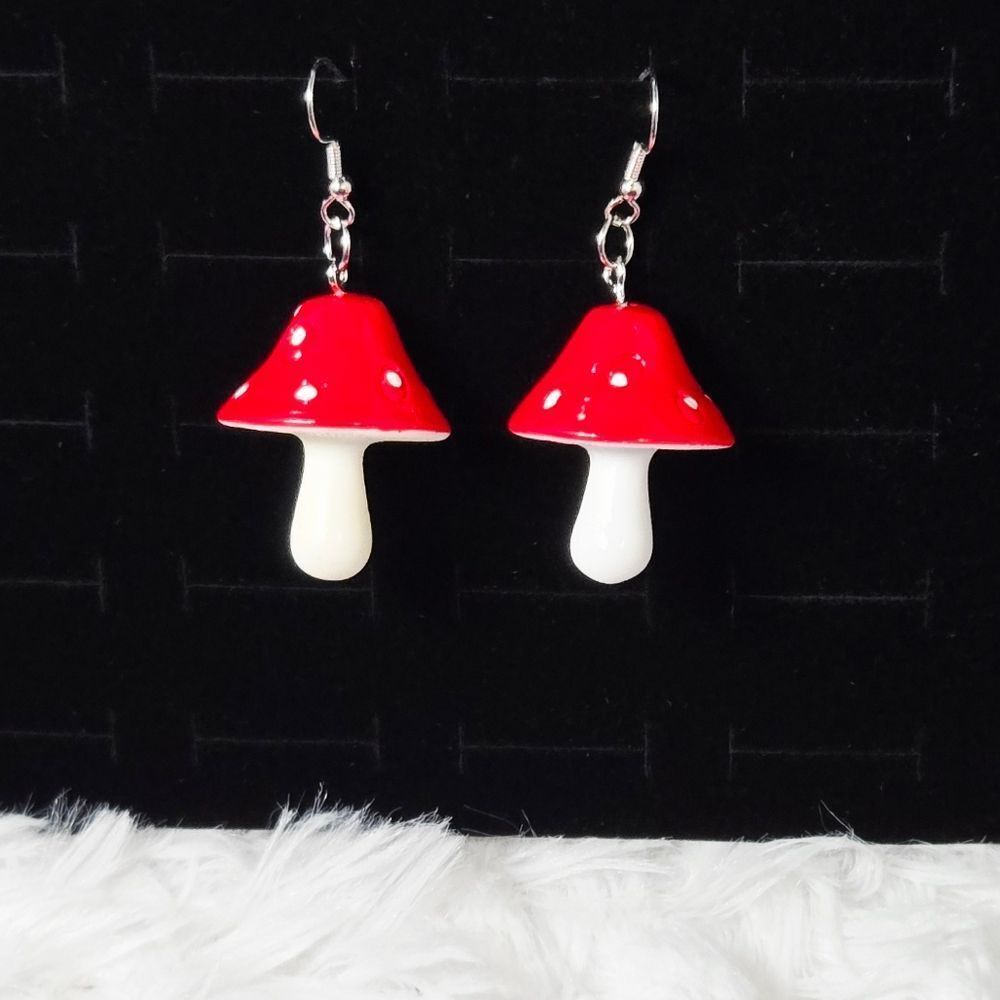 Red Mushroom Dangle Earrings Fairycore Charm Core 2.5" Cartoon Whimsy Forest